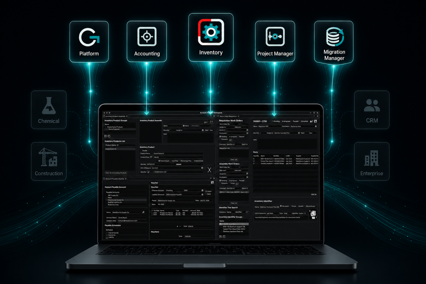 COR•REC business management dashboard showing inventory and accounting workspace